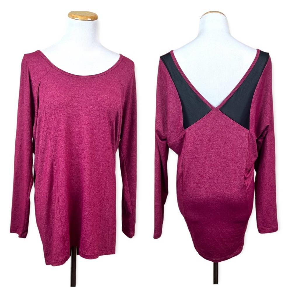LUCY Burgundy Mesh Shoulder Long Sleeve V Neck Top MEDIUM Yoga Dance Shimmer $65